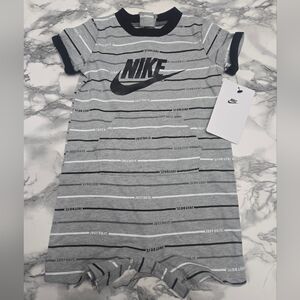 Nike Gray and Black Striped Baby Romper with Logo